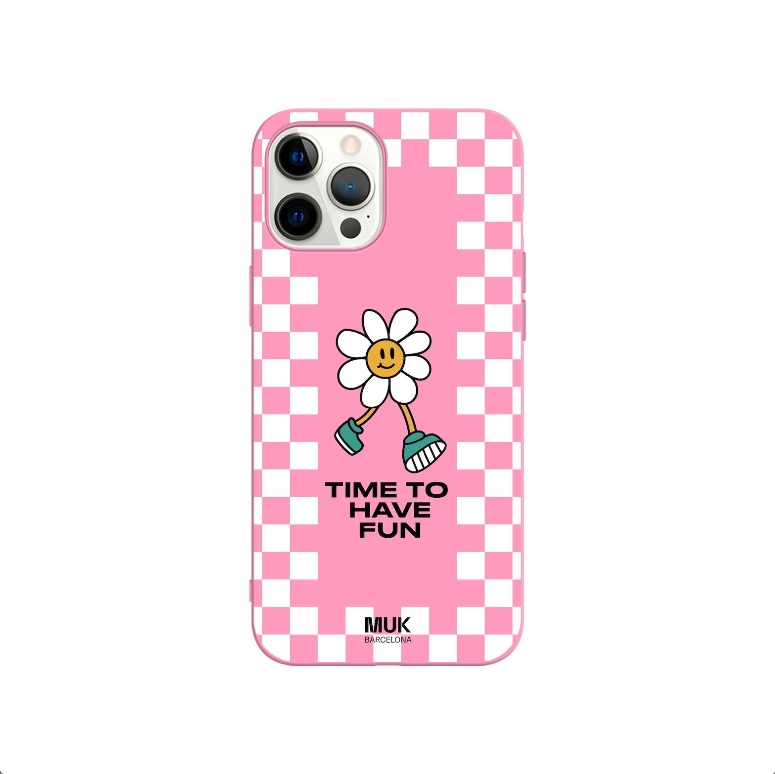 Funda de móvil TPU rosa con estampado de cuadrados en color blanco y diseño de margarita con frase "time to have fun".
