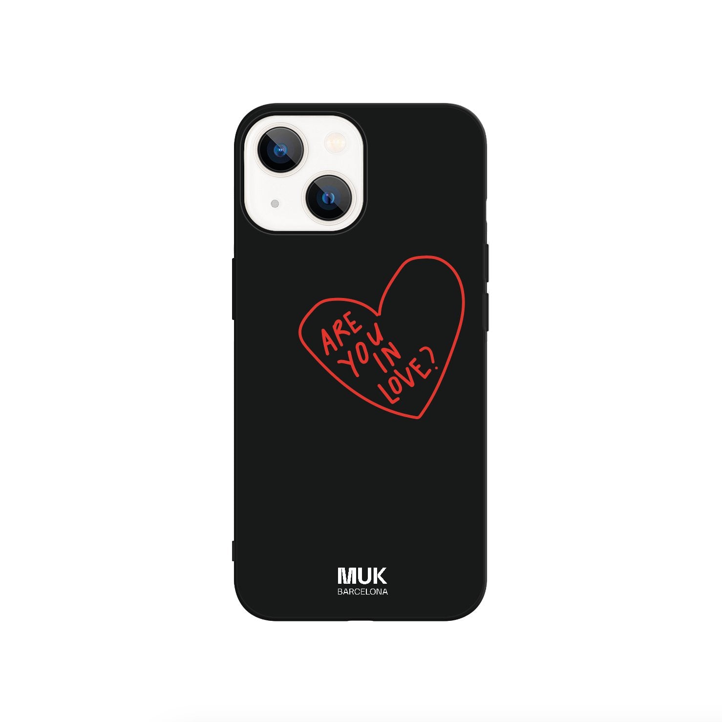 Funda de móvil TPU negra con corazón rojo y texto “Are you in love?”
