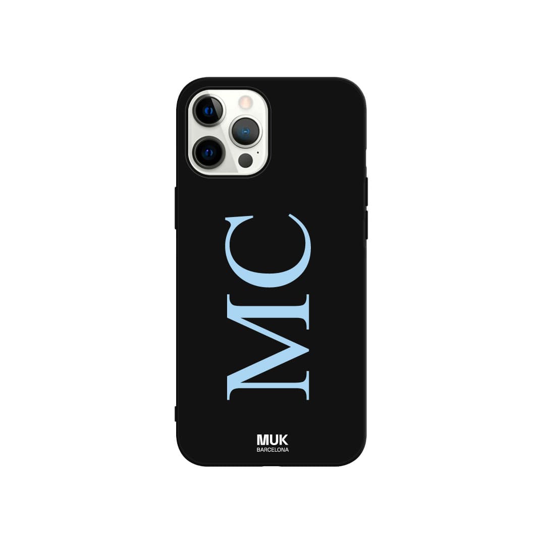 Black TPU  case personalized with vertical initials with elegant typography in 10 different colors.
