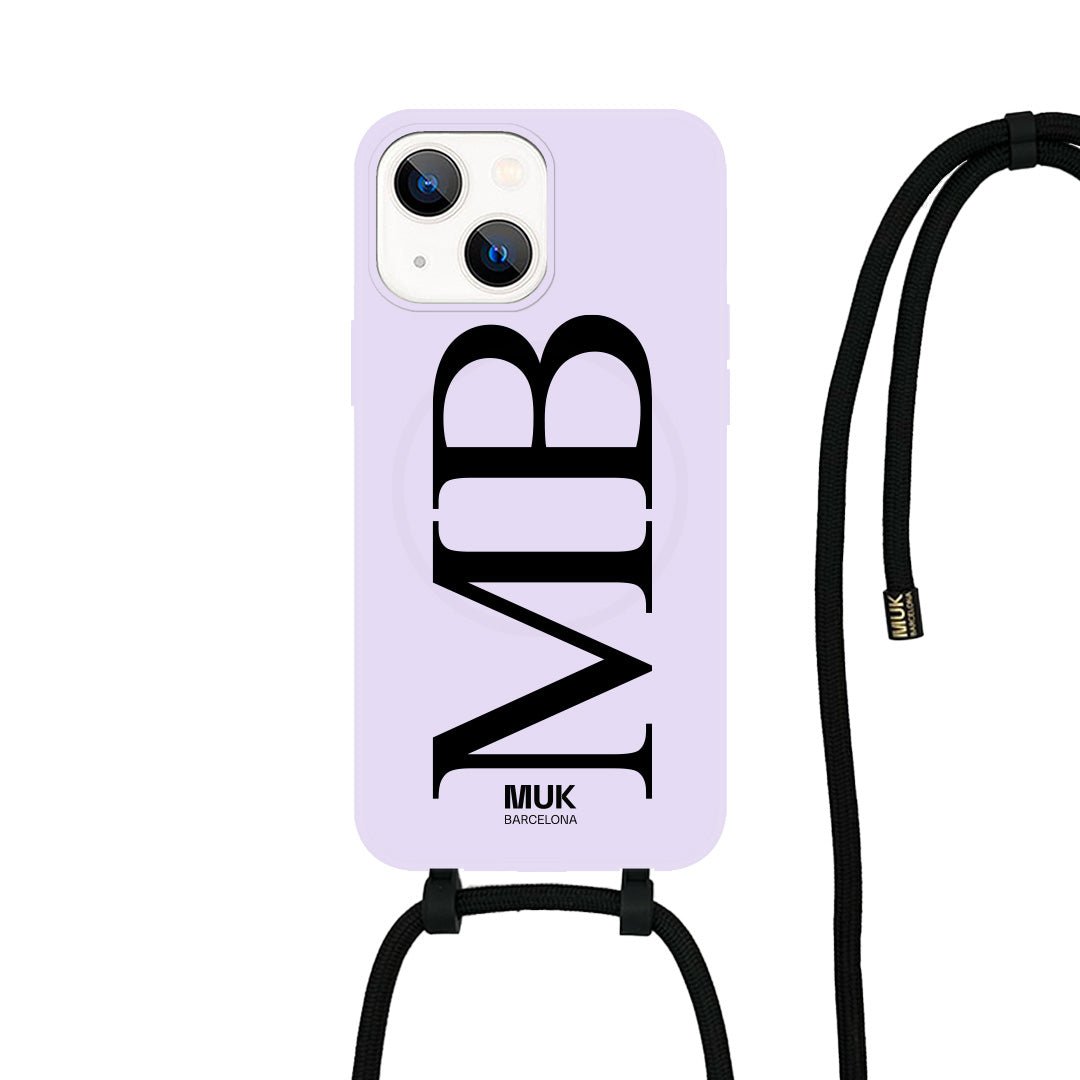   case compatible with MagSafe personalized maximum 2 elegant typography initials at the bottom available in different colors on a lilac base.  Phone Cases with wireless charging (from iPhone12).

