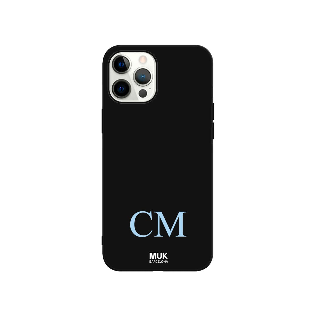 Personalized black TPU  case with horizontal initials at the bottom with fine and elegant typography in 10 different colors.
