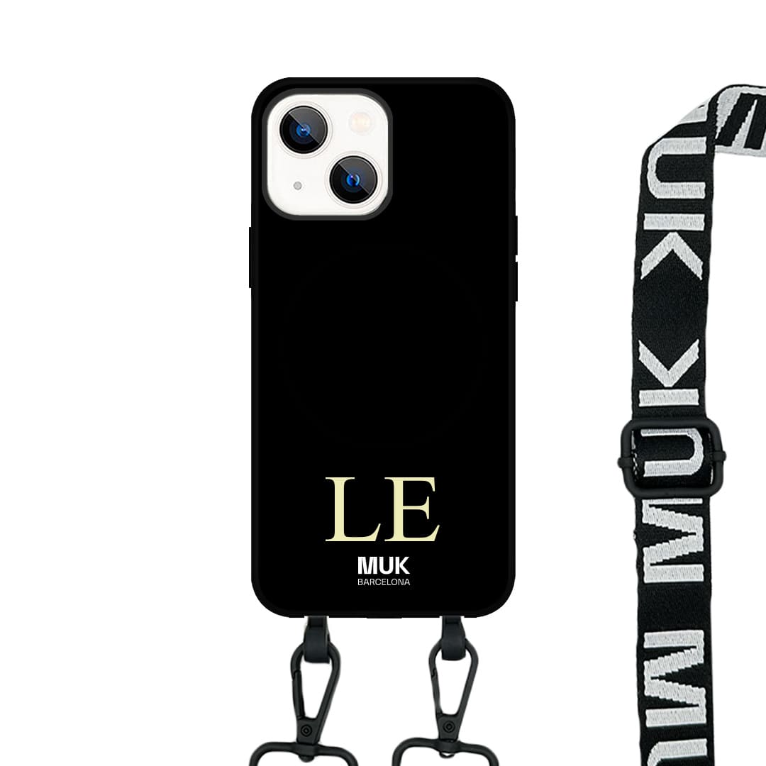  Phone case compatible with MagSafe personalized with a maximum of 3 elegant typography initials at the bottom available in different colors on a black base. Phone Cases with wireless charging (from iPhone12).
