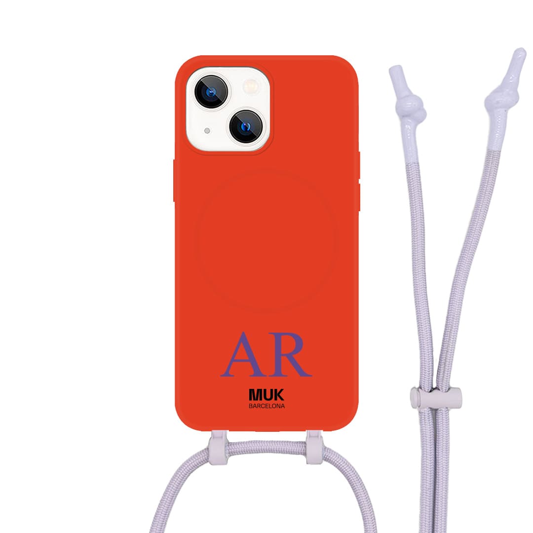  Phone Case compatible with MagSafe personalized with a maximum of 3 elegant typography initials at the bottom available in different colors on a brick-colored base.  Phone Cases with wireless charging (from iPhone12).
