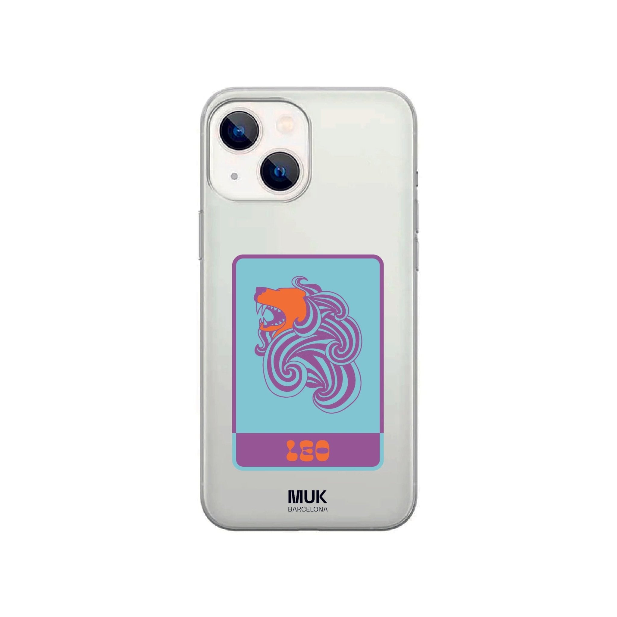 Clear phone case with Leo zodiac sign in sky blue, lilac and orange.
