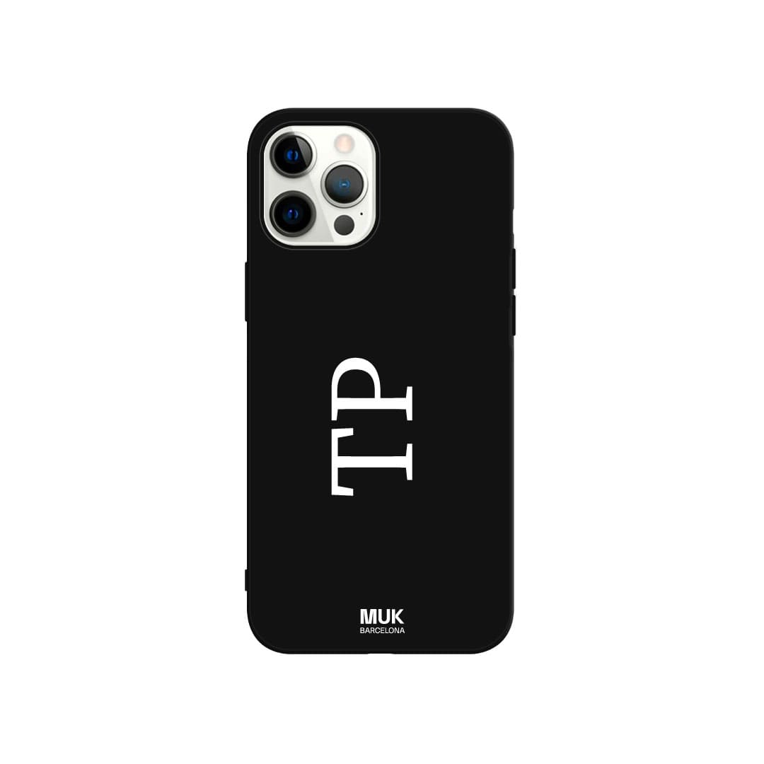 Funda de móvil TPU negra personalizada con iniciales en vertical con tipografía de imprenta en 10 colores diferentes.

