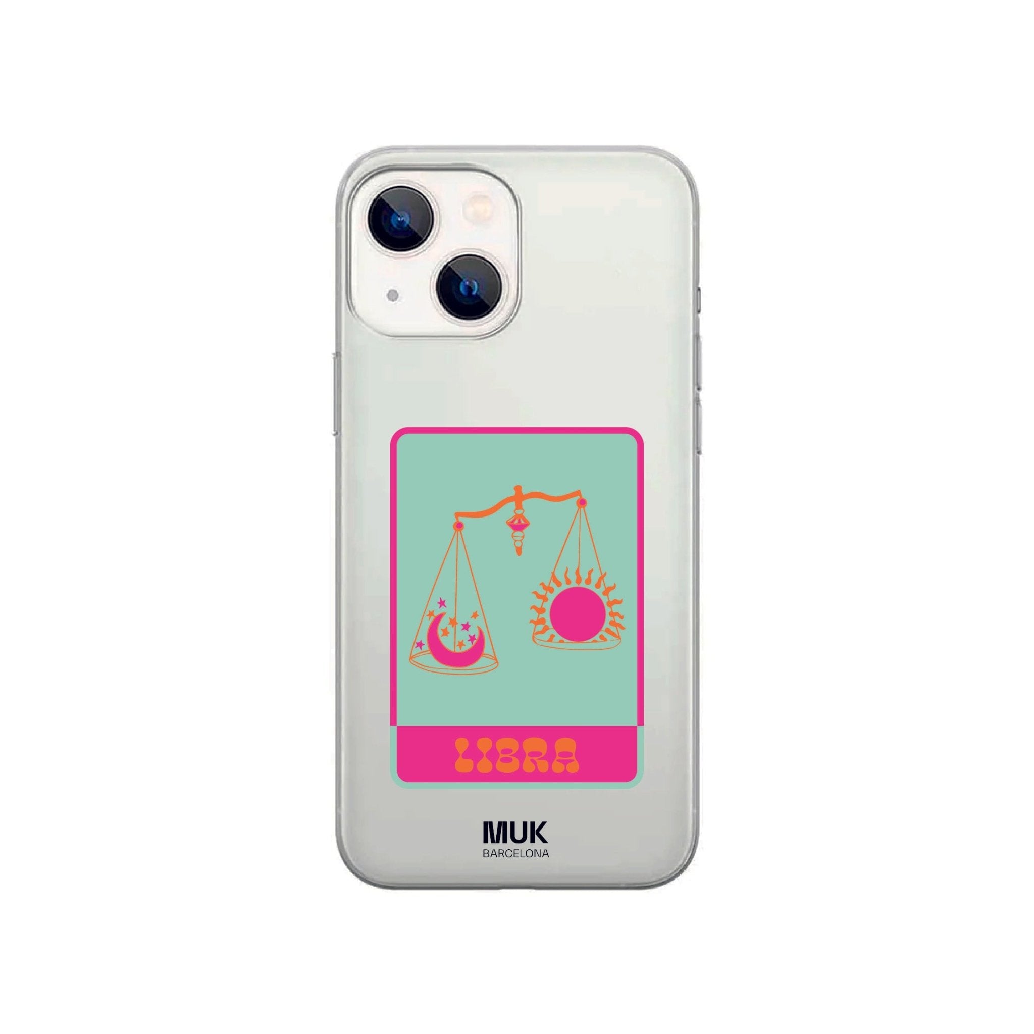 Clear phone case with Libra zodiac sign in mint green, pink and orange.
