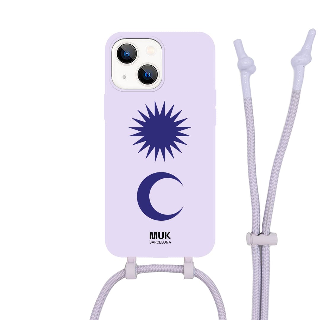 Funda de móvil compatible con MagSafe con dibujo de sol y luna azul sobre base de color lila. Fundas de móvil con carga inalámbrica (a partir del iPhone12).
