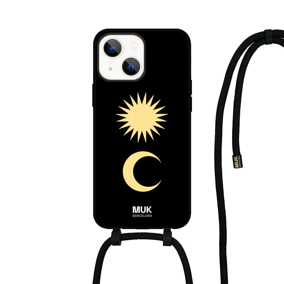   Phone Case compatible with MagSafe with a yellow sun and moon drawing on a black base.  Phone Cases with wireless charging (from iPhone12).
