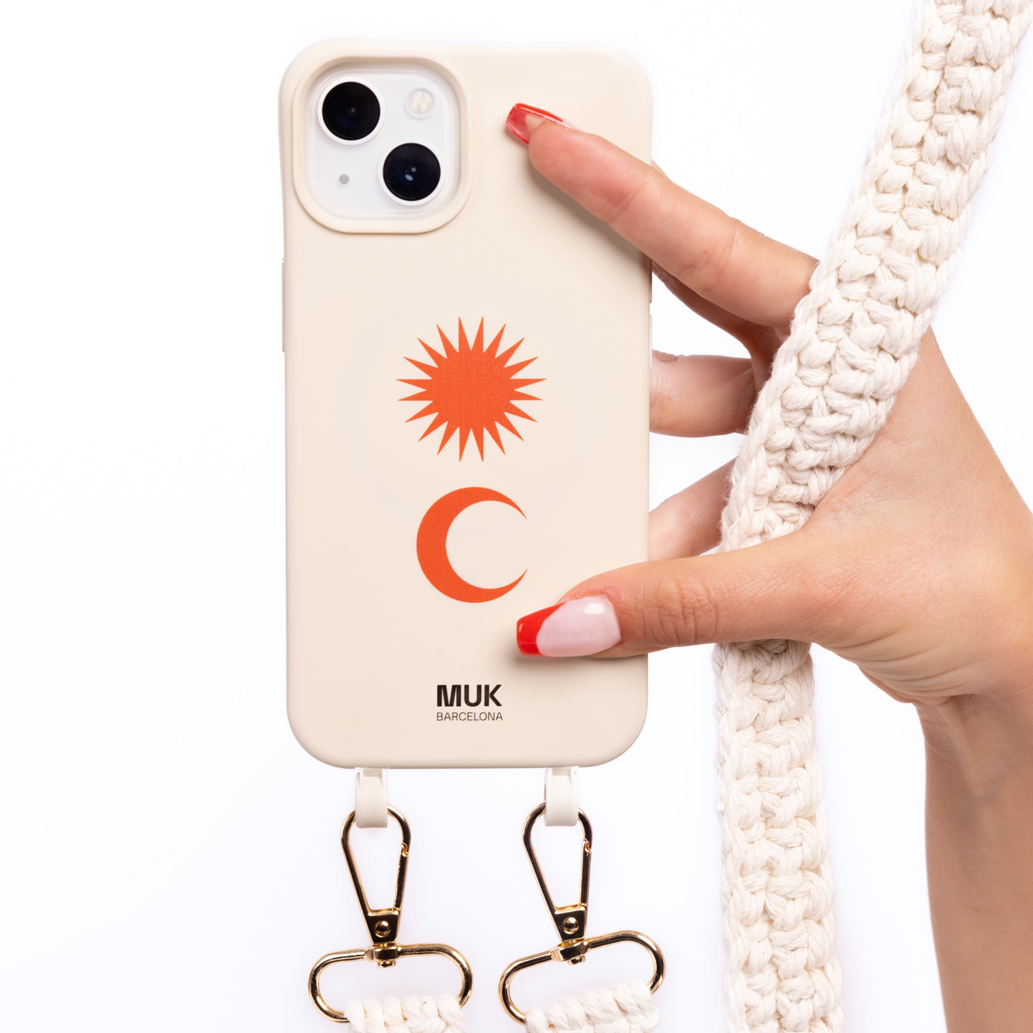 Funda de móvil compatible con MagSafe con dibujo de sol y luna naranja sobre base de color gris piedra. Fundas de móvil con carga inalámbrica (a partir del iPhone12).
