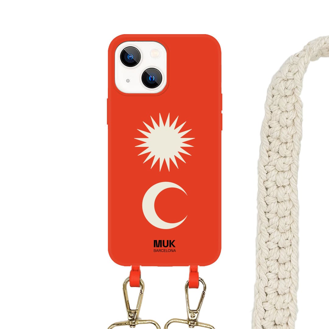  Phone Case compatible with MagSafe with a white sun and moon drawing on a brick-colored base.  Phone Cases with wireless charging (from iPhone12).

