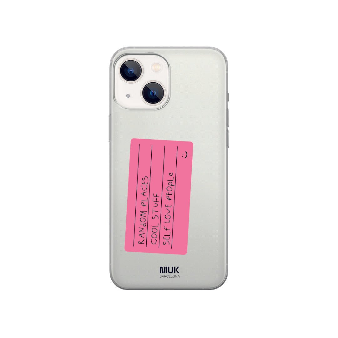 Funda de móvil transparente con una notita en color rosa personalizable
