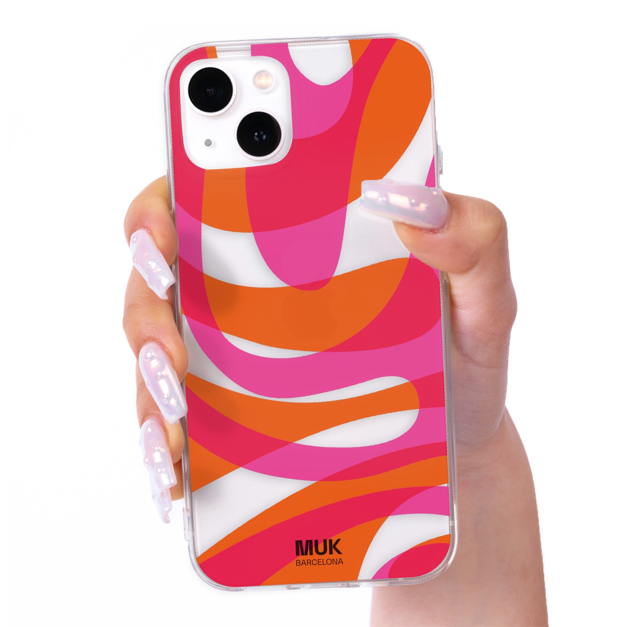 Funda de móvil transparente con estampado coral rosa y naranja.
