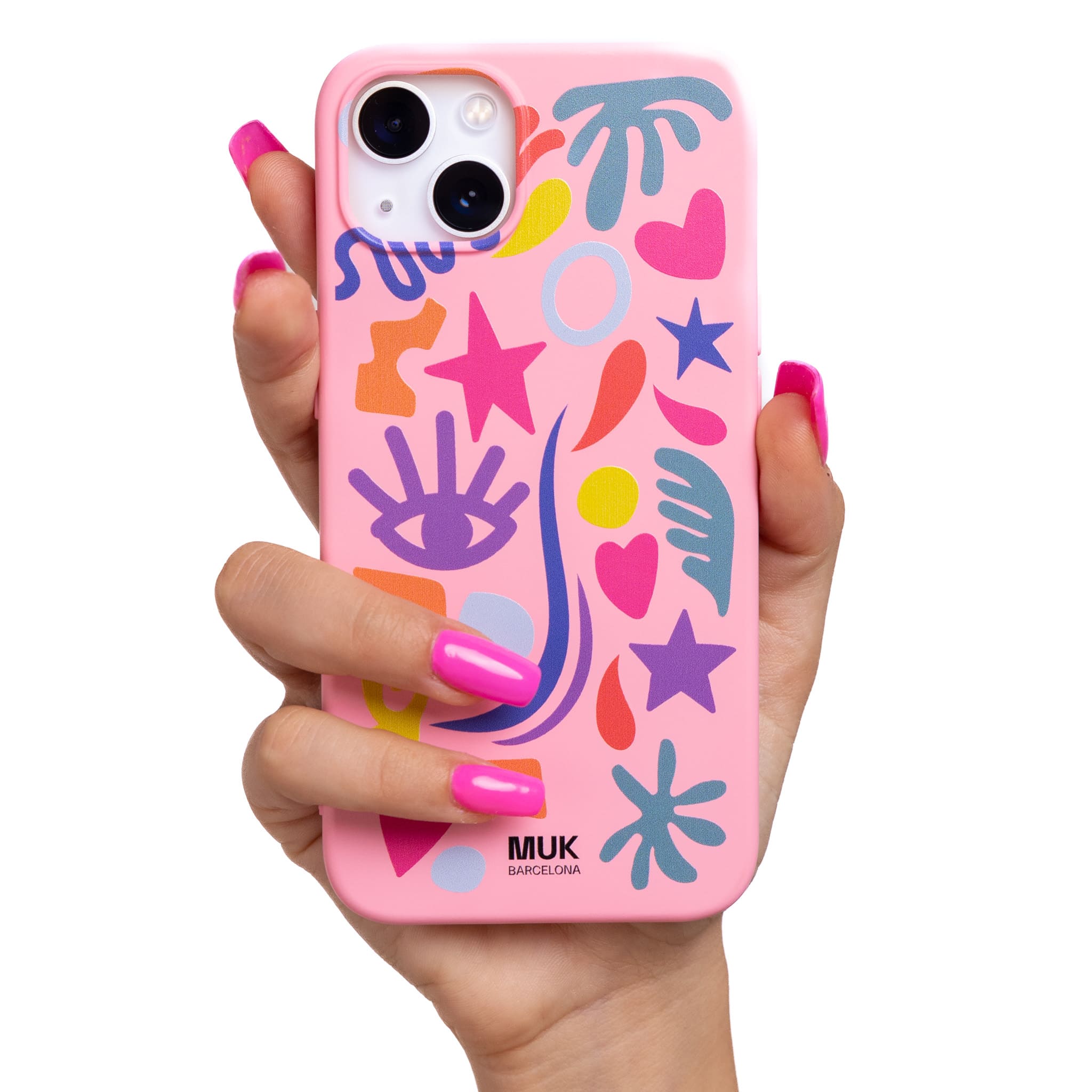 Funda de móvil TPU rosa con popurrí de dibujos en diferentes colores.
