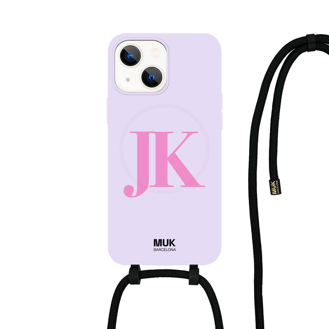   case compatible with MagSafe personalized maximum 2 elegant typography initials at the bottom available in different colors on a lilac base.  Phone Cases with wireless charging (from iPhone12).
