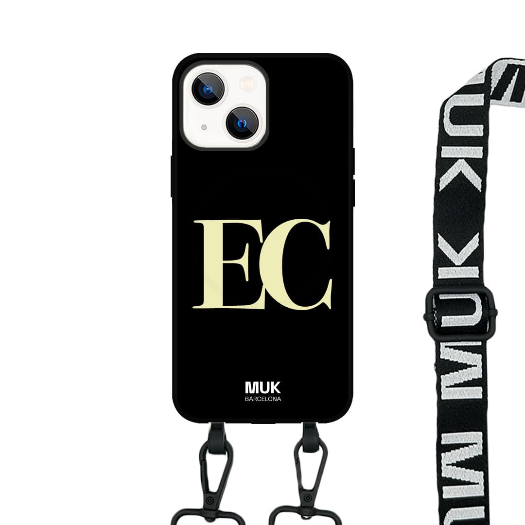   case compatible with MagSafe personalized maximum 2 elegant typography initials at the bottom available in different colors on a black base.  Phone Cases with wireless charging (from iPhone12).
