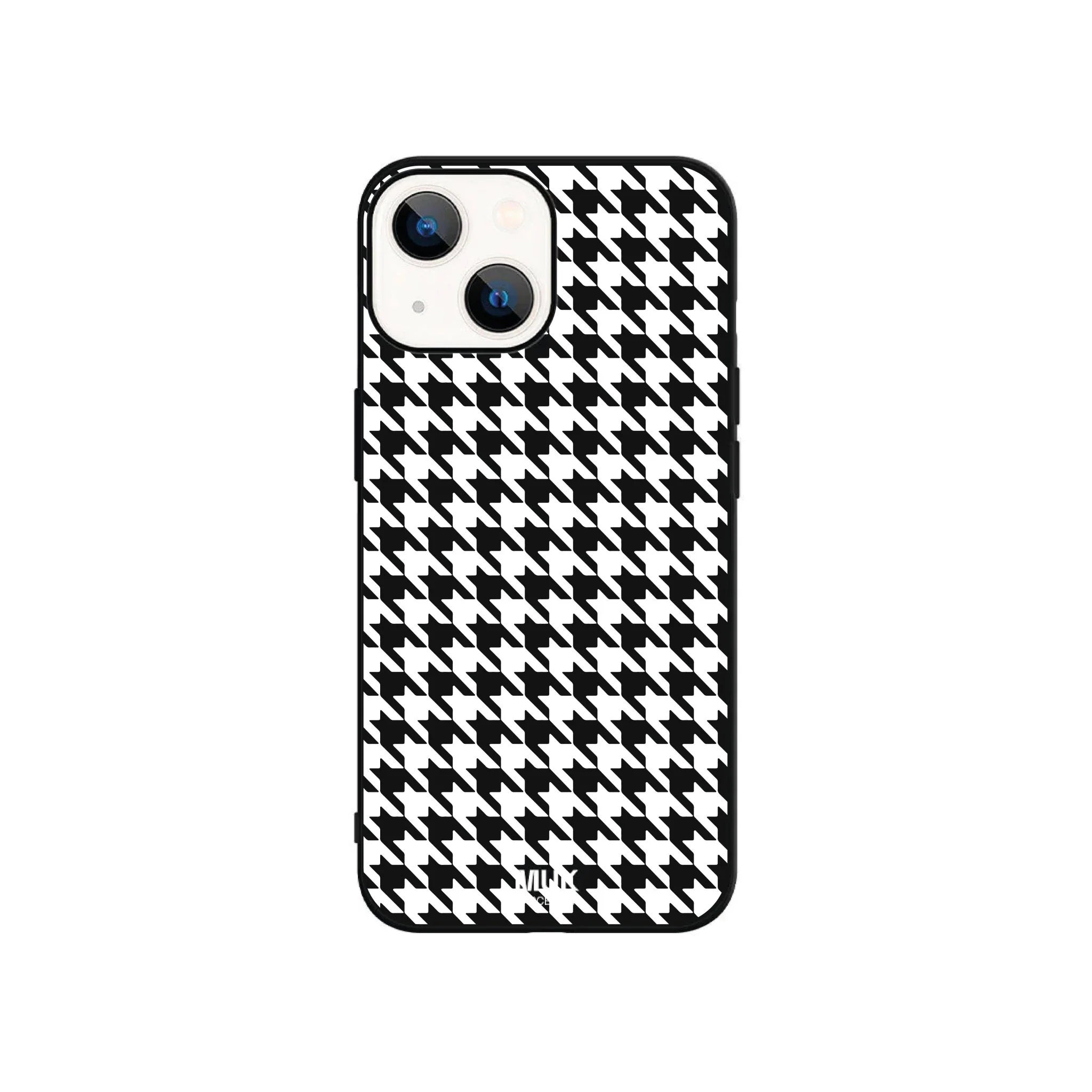 Black TPU phone case with black and white bicolor houndstooth print.
