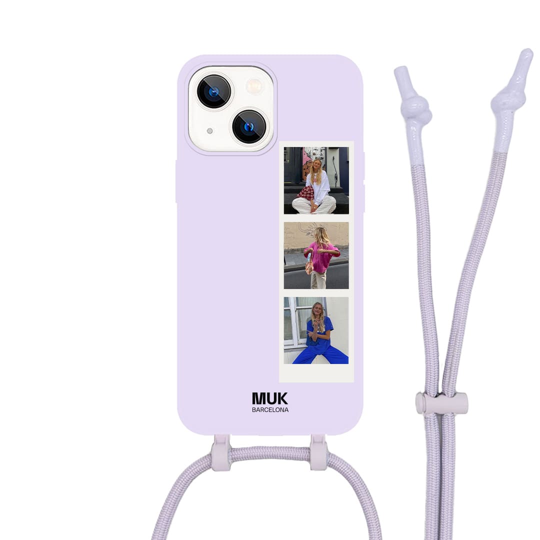 Funda de móvil compatible con MagSafe personalizada con carrete de 3 fotos sobre base de color lila. Fundas de móvil con carga inalámbrica (a partir del iPhone12).
