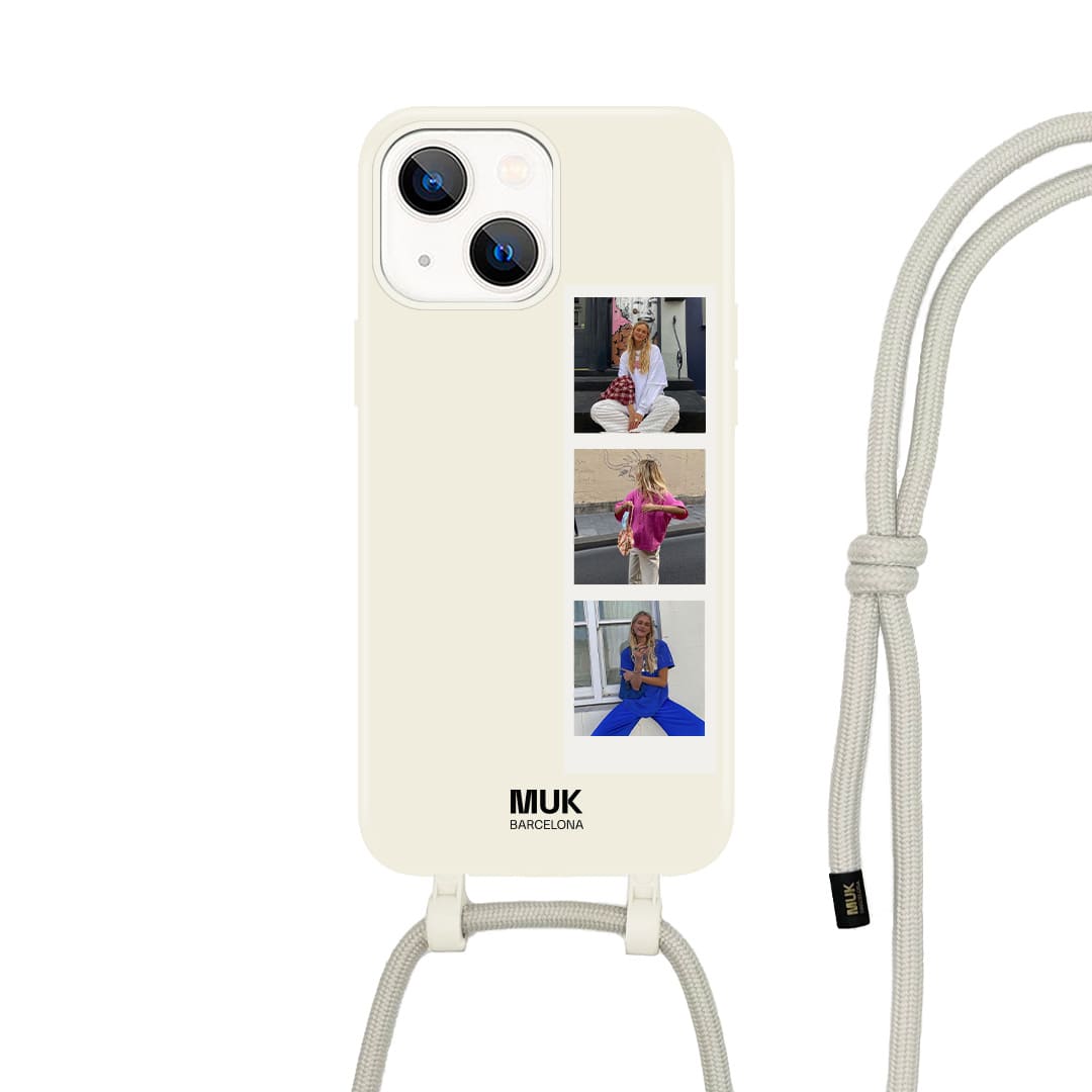 Funda de móvil compatible con MagSafe personalizada con carrete de 3 fotos sobre base de color gris piedra. Fundas de móvil con carga inalámbrica (a partir del iPhone12).
