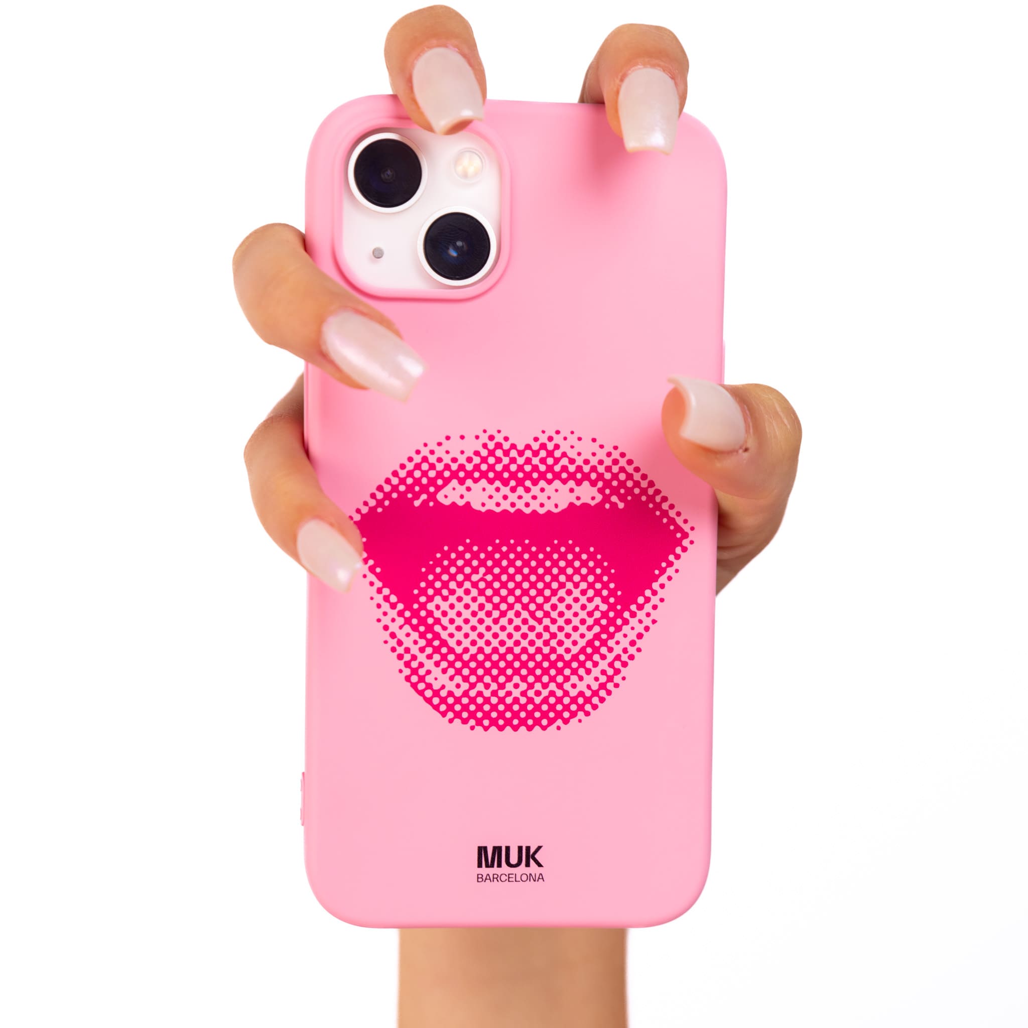 Funda de móvil TPU rosa con diseño de labios con efecto pop art.
