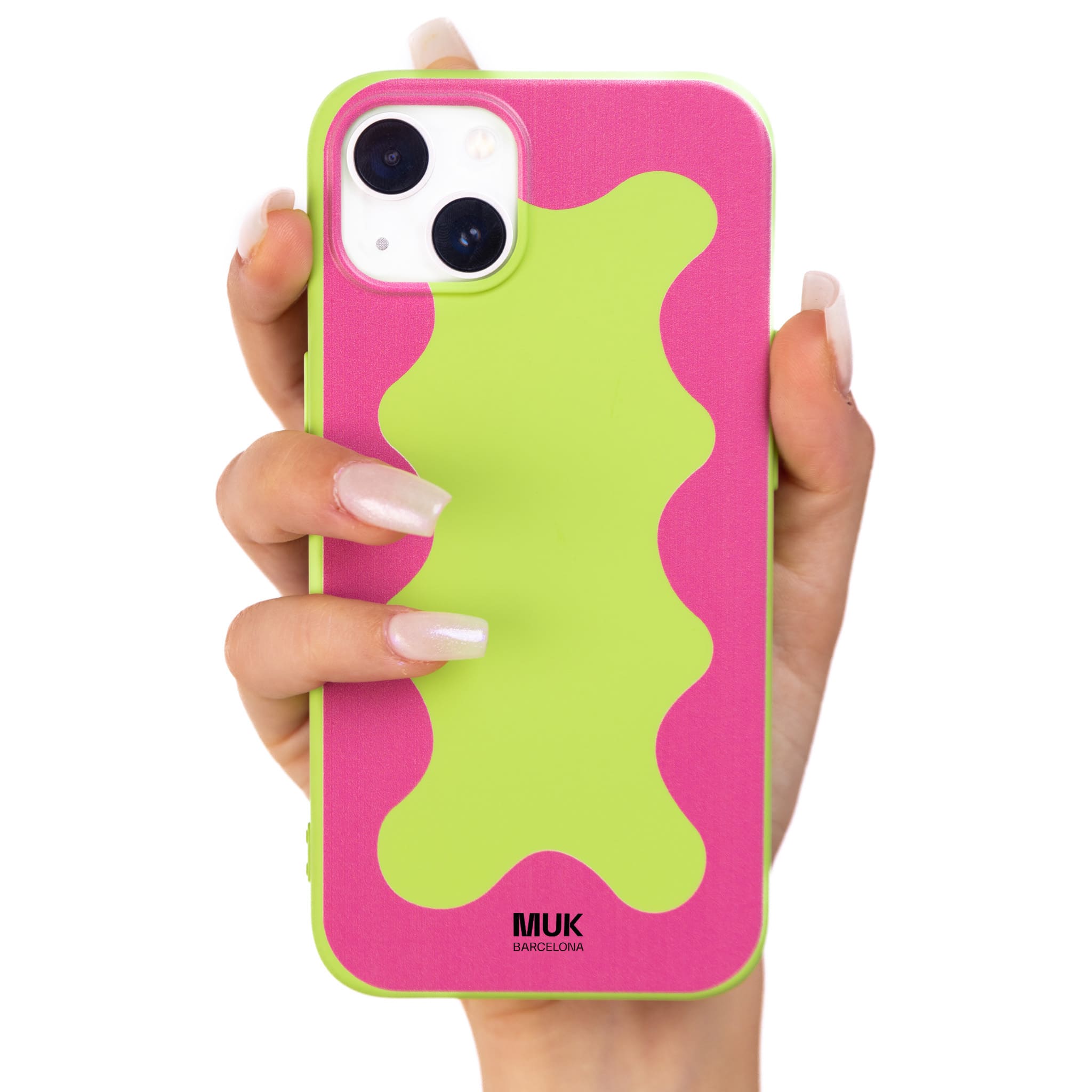 Lime TPU  case with pink wavy frame design.
