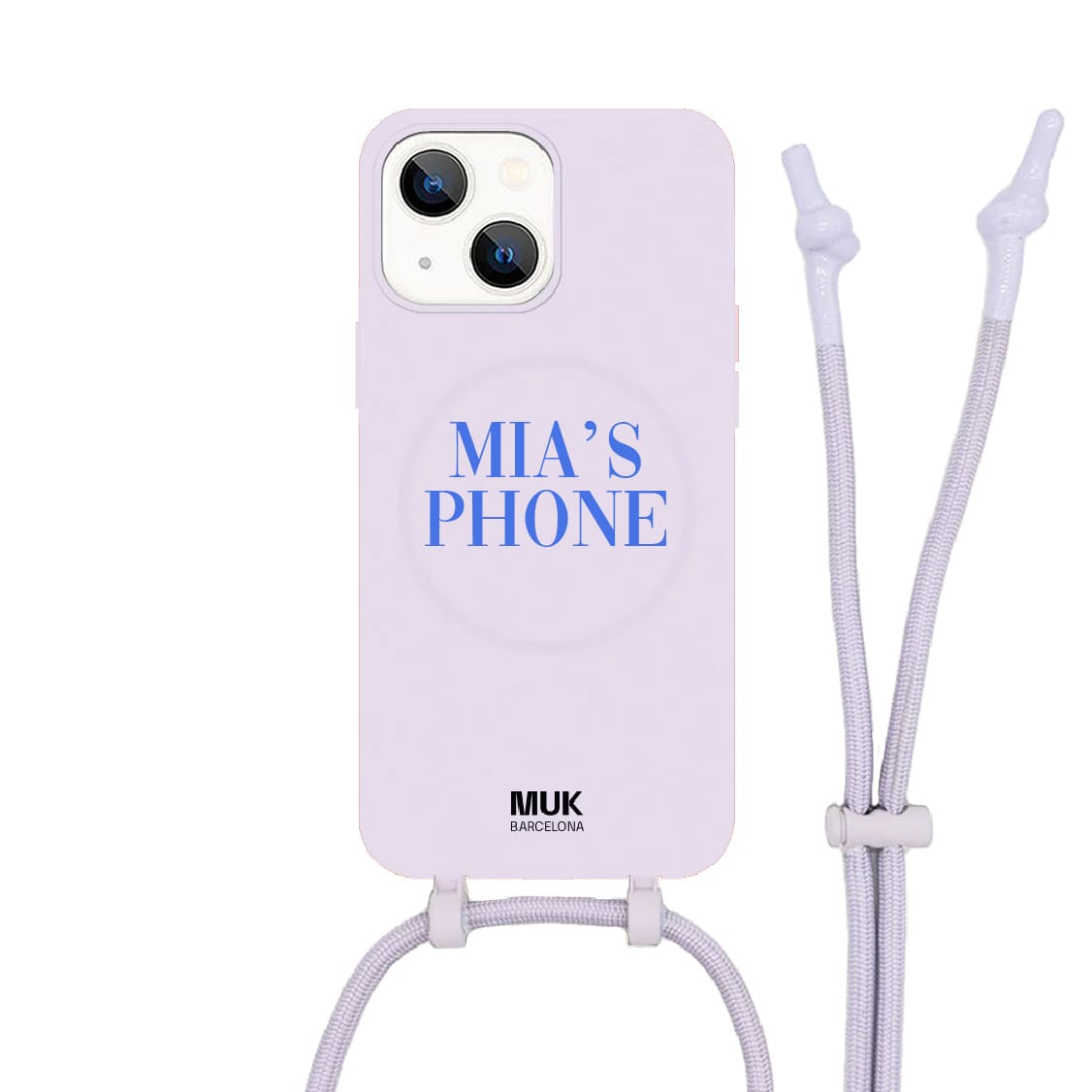 Funda de móvil compatible con MagSafe personalizada con tipografía elegante en diferentes colores sobre base de color lila. Fundas de móvil con carga inalámbrica (a partir del iPhone12).

