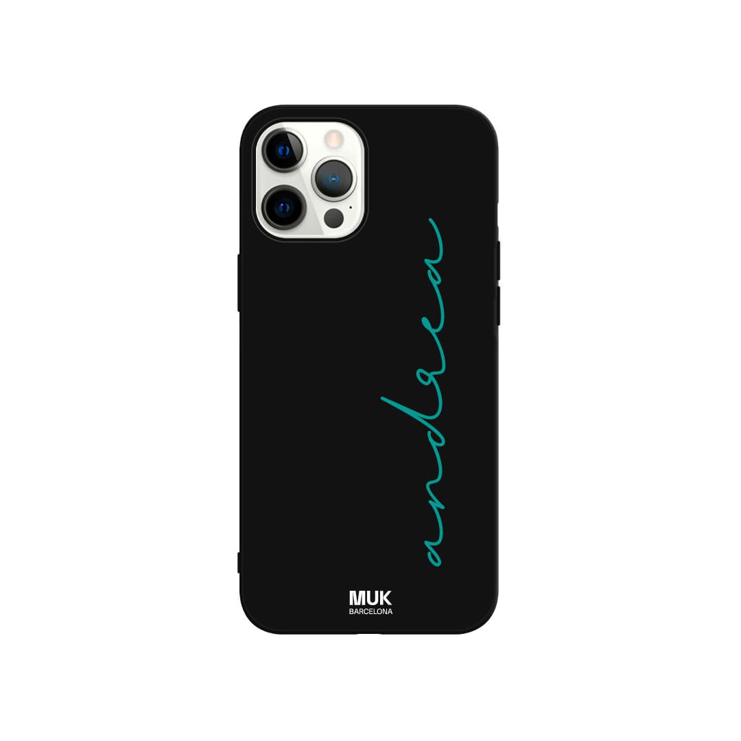Personalized black TPU Phone Case with a handwritten name in 10 different colors.
