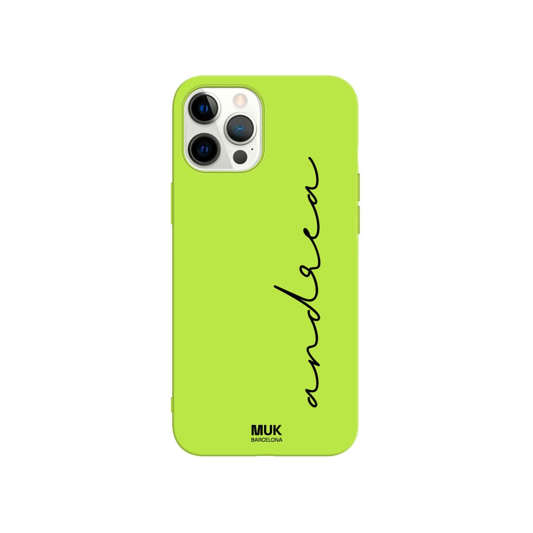 Lime TPU Phone Case with handwritten name in 10 different colors.
