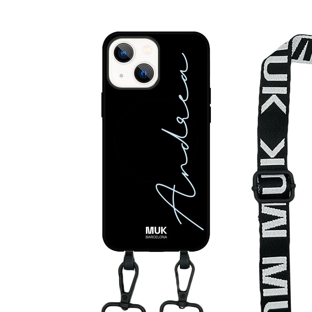   case compatible with MagSafe personalized name with handwritten letter available in different colors on a black base.  Phone Cases with wireless charging (from iPhone12).
