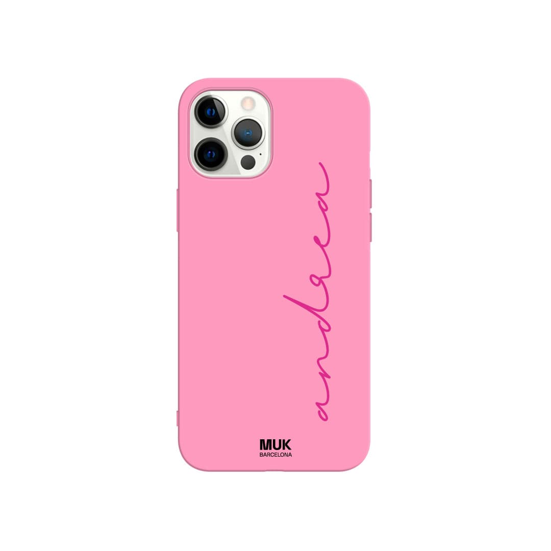 Pink TPU  case with a handwritten name in 10 different colors.
