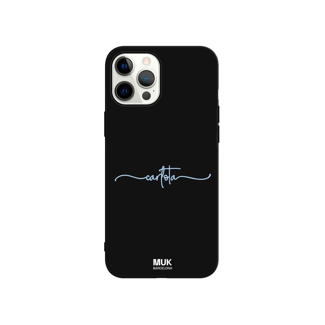 Black TPU  case personalized with a name from side to side in 10 different colors.

