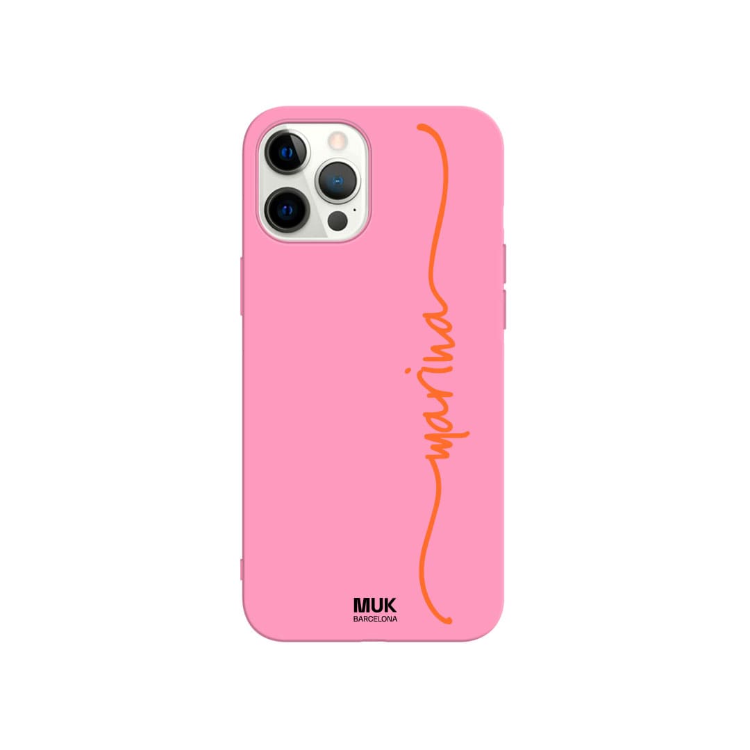 Pink TPU  case personalized with a name from side to side in 10 different colors.
