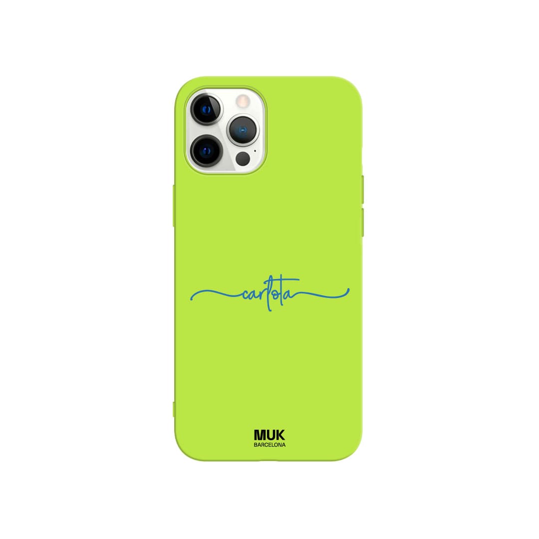 Lime TPU Phone Case personalized with name from side to side in 10 different colors.
