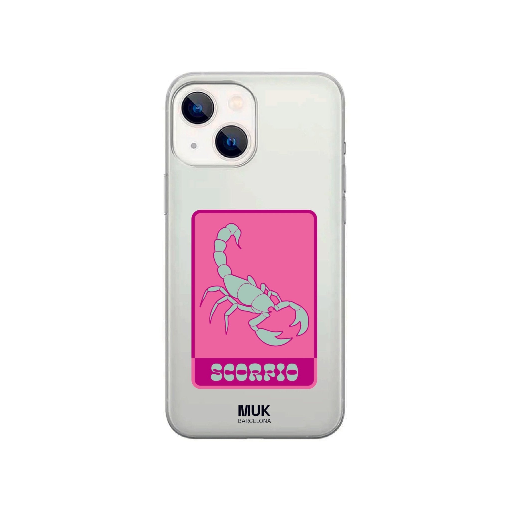 Clear phone case with the Scorpio zodiac sign in pink, fuchsia and mint green.
