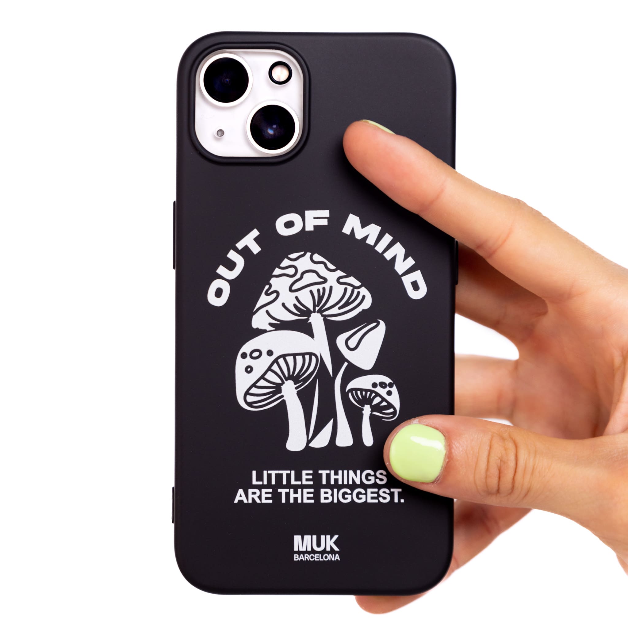Black TPU  case with mushroom design and phrase "out of mind" in white.
