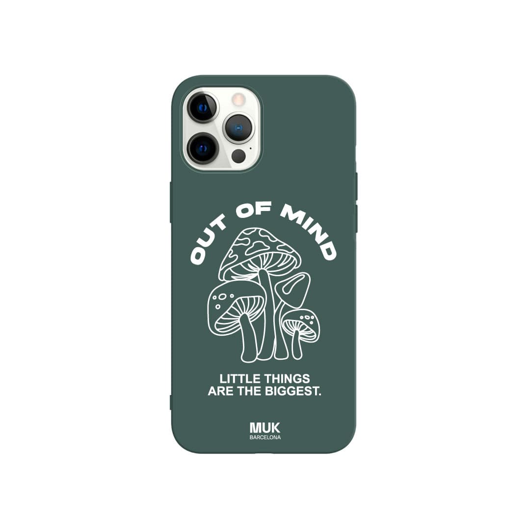 TPU lagoon  Phone Case with mushroom design and phrase "out of mind" in white.
