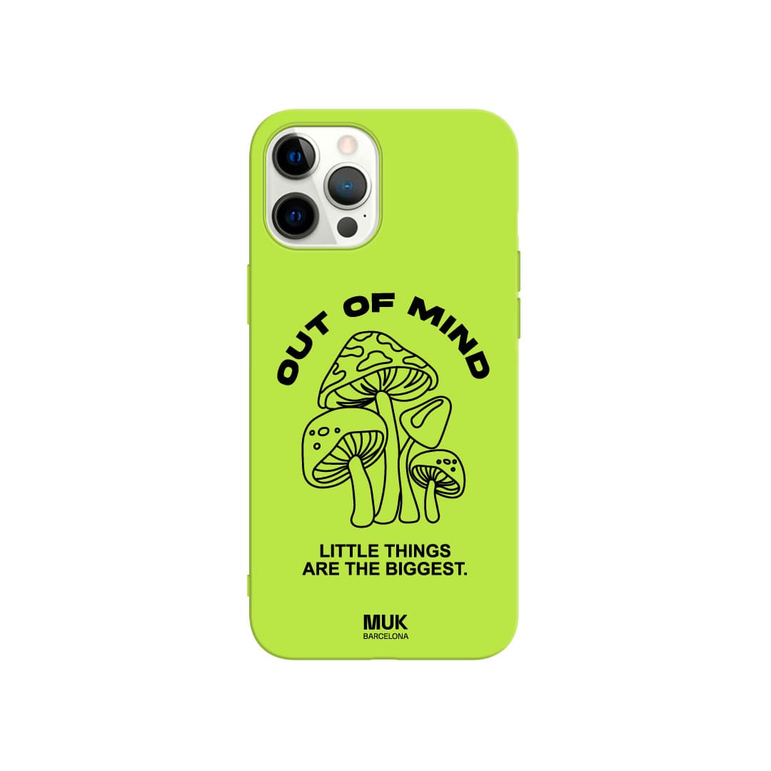 Lime TPU  case with mushroom design and phrase "out of mind" in black.

