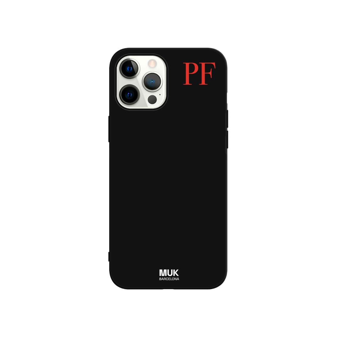 Funda de móvil TPU negra personalizada máximo 3 iniciales en la parte de arriba en 10 colores diferentes.
