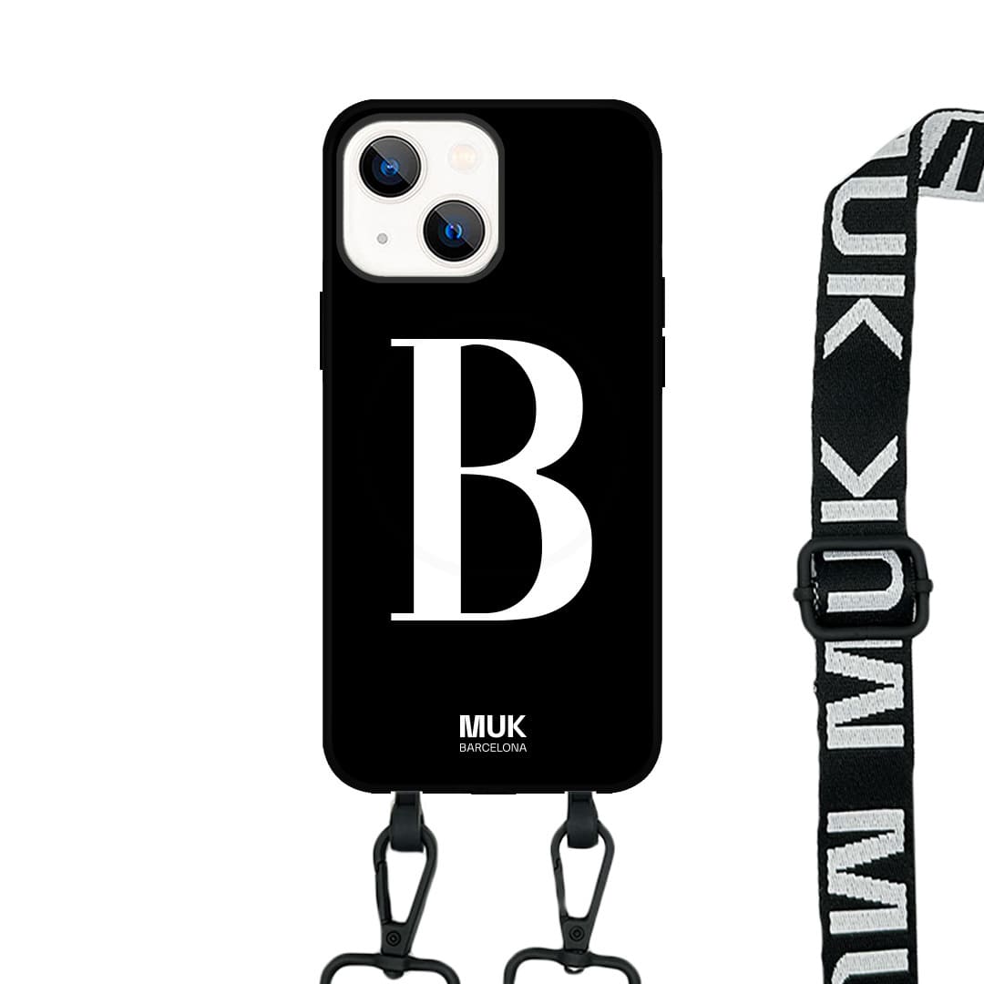   case compatible with MagSafe personalized with an initial in a capital letter available in different colors on a black base.  Phone Cases with wireless charging (from iPhone12).

