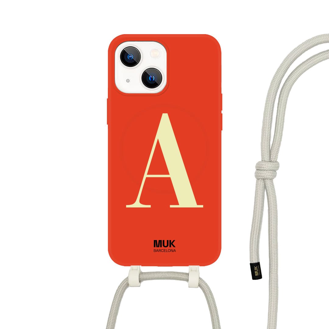   case compatible with MagSafe personalized with an initial in a capital letter available in different colors on a stone gray base.  Phone Cases with wireless charging (from iPhone12).

