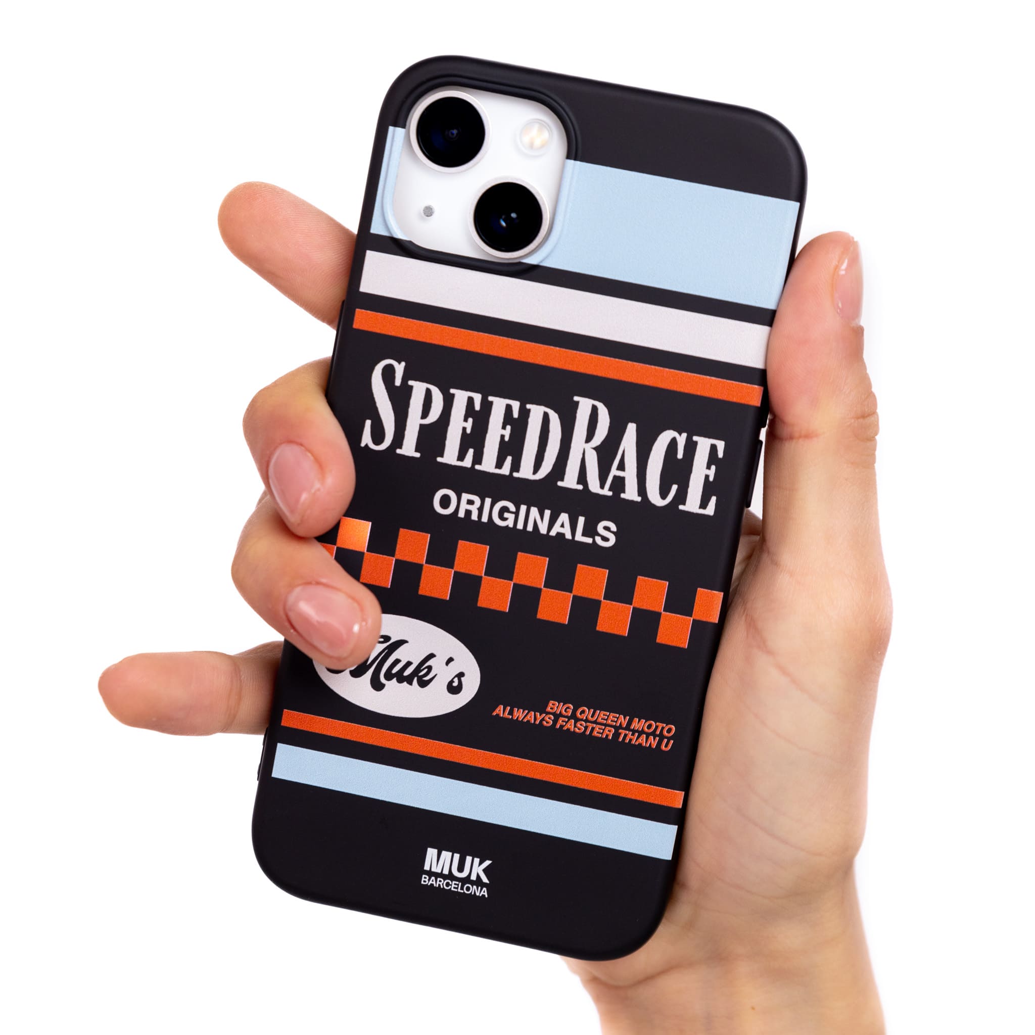 Funda de móvil TPU negra con estilo motero y frase "speed race" en color blanco.
