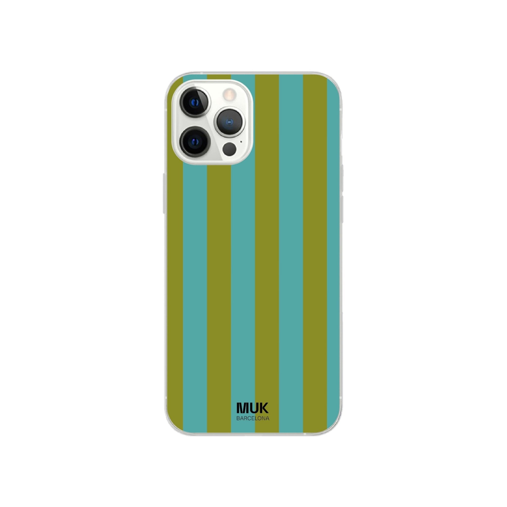 Clear phone case with green and turquoise blue stripes.
