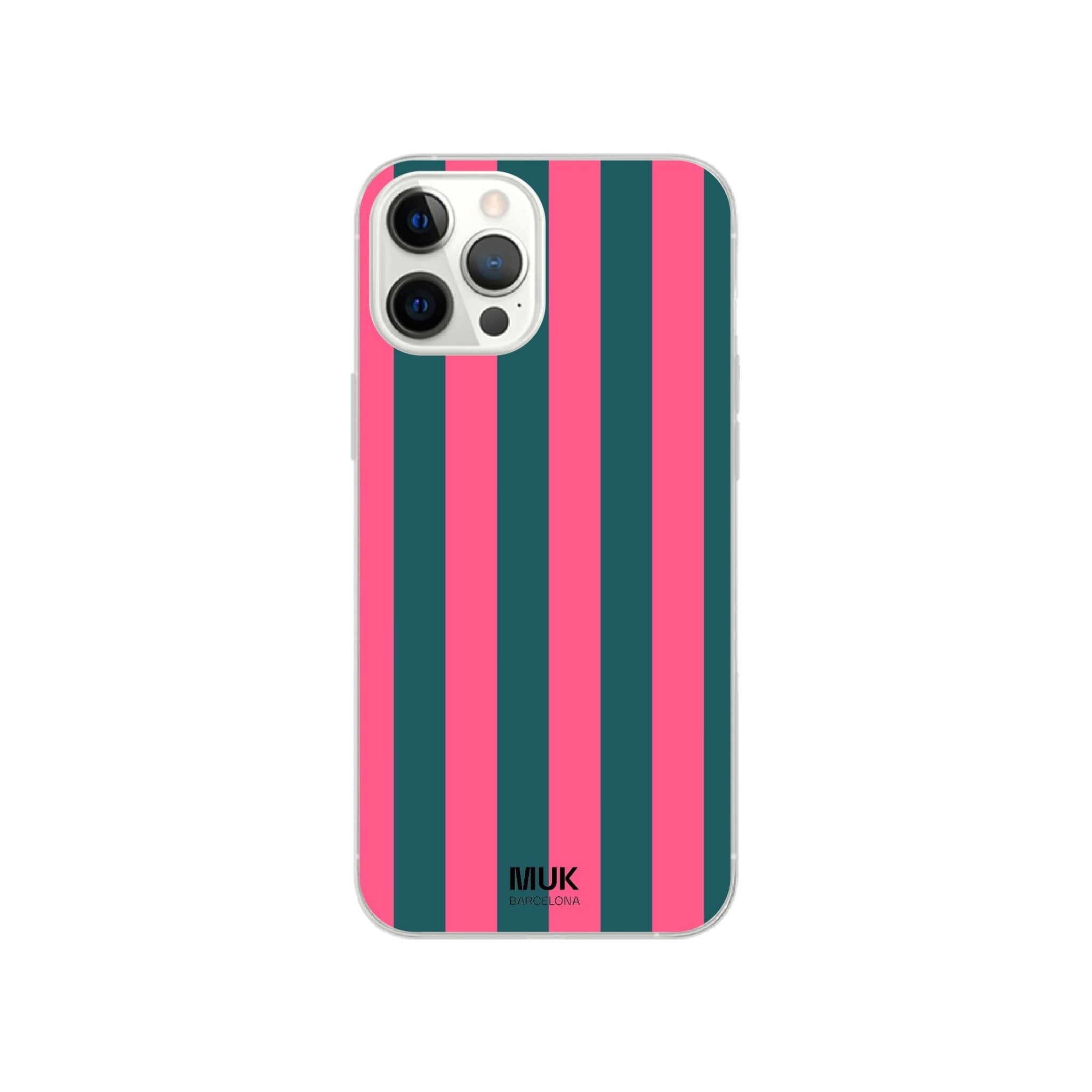 Clear phone case with pink and lagoon stripes.
