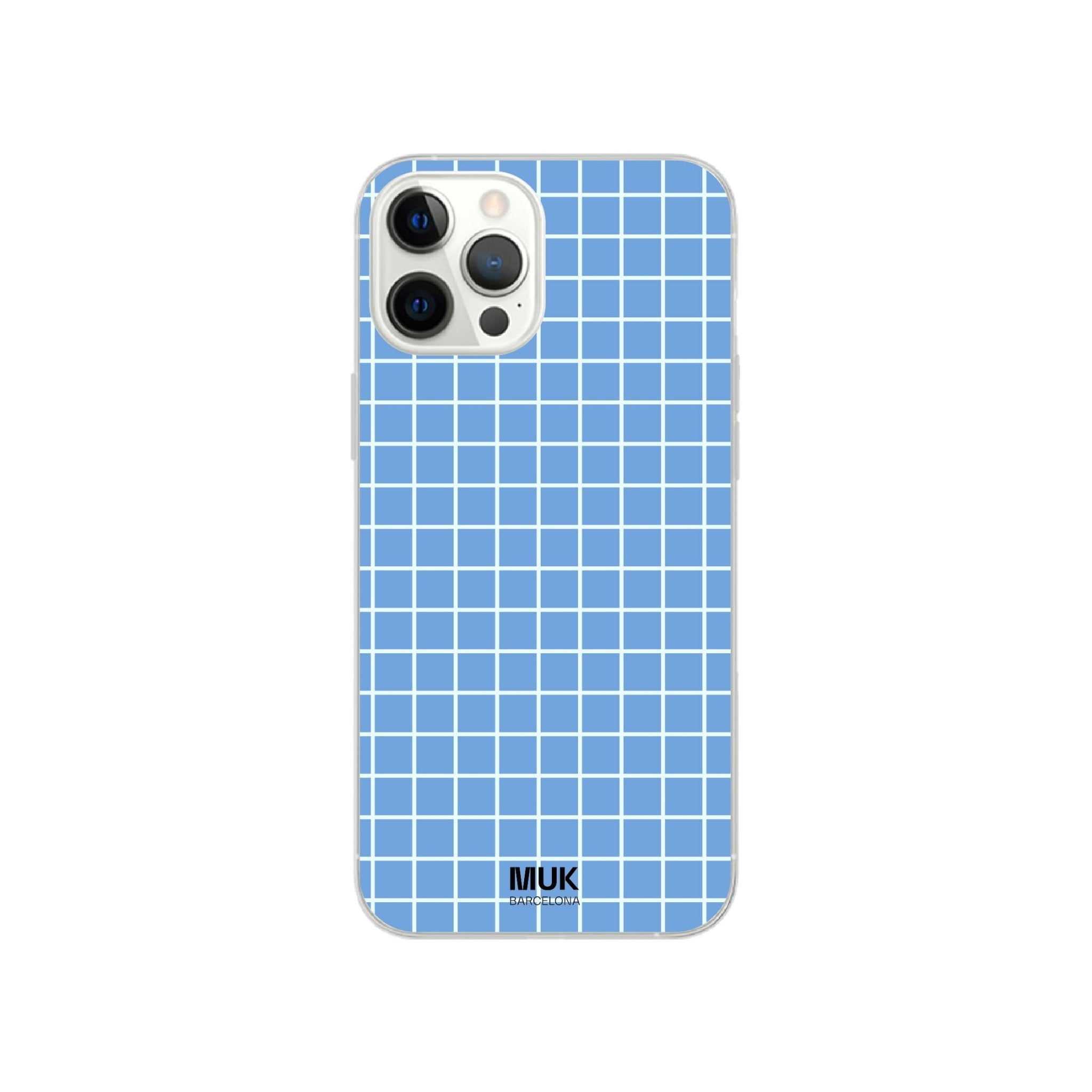 Clear phone case with light blue background and white squares.

