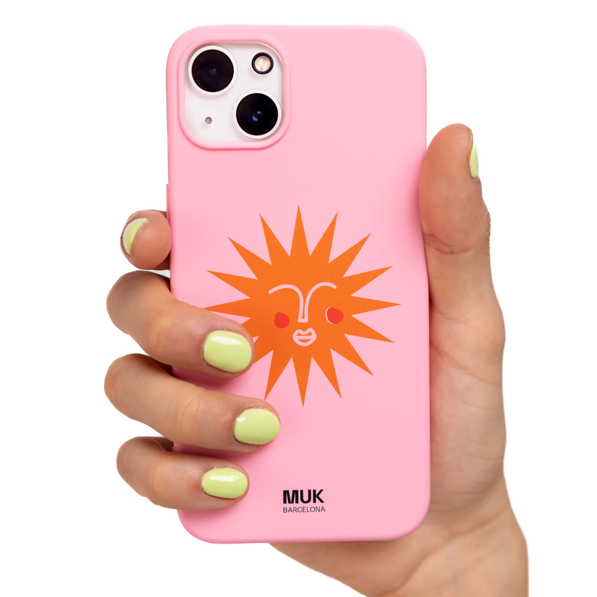 Funda de móvil TPU rosa con diseño de sol en color naranja.
