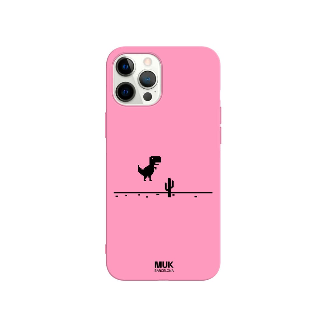 Funda de móvil TPU rosa con diseño de T-REX game en color negro.
