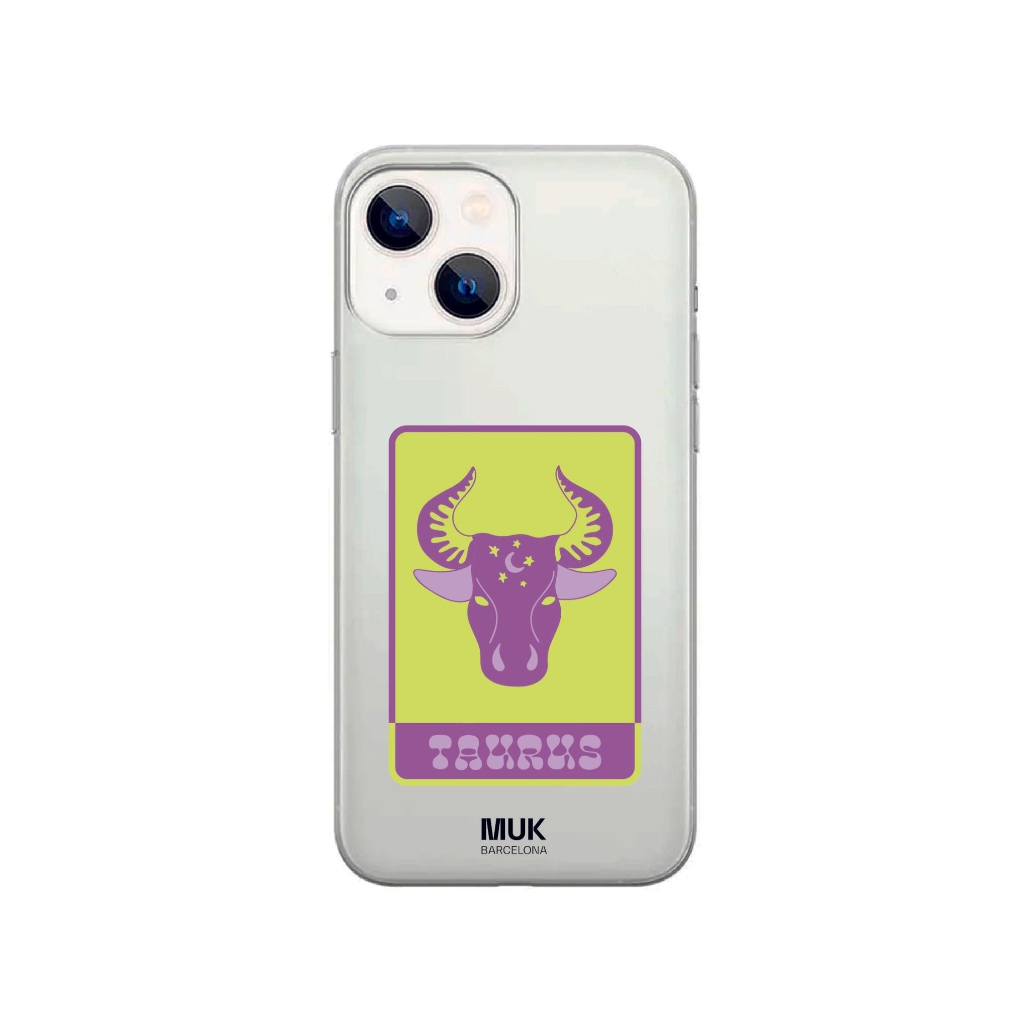 Taurus zodiac sign clear phone case in lime green, purple and lilac.
