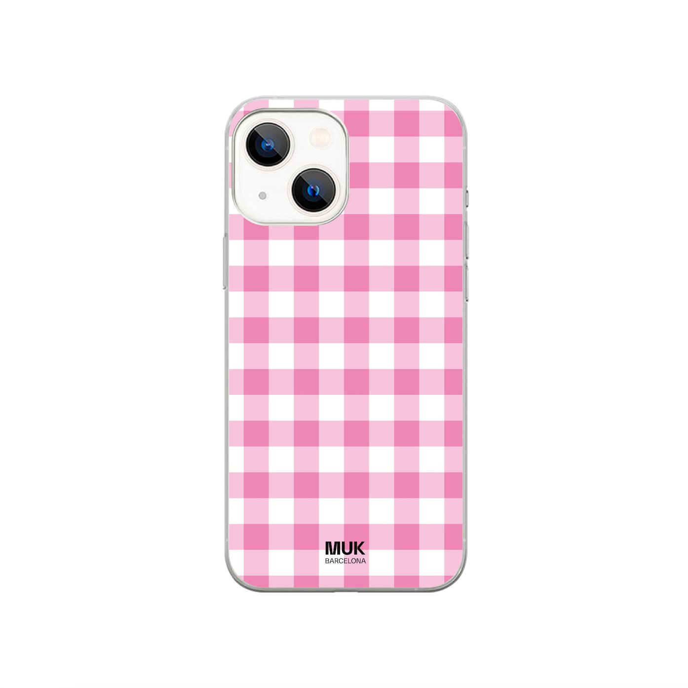 Clear Phone Case with Vichy check pattern in pink, red and white.
