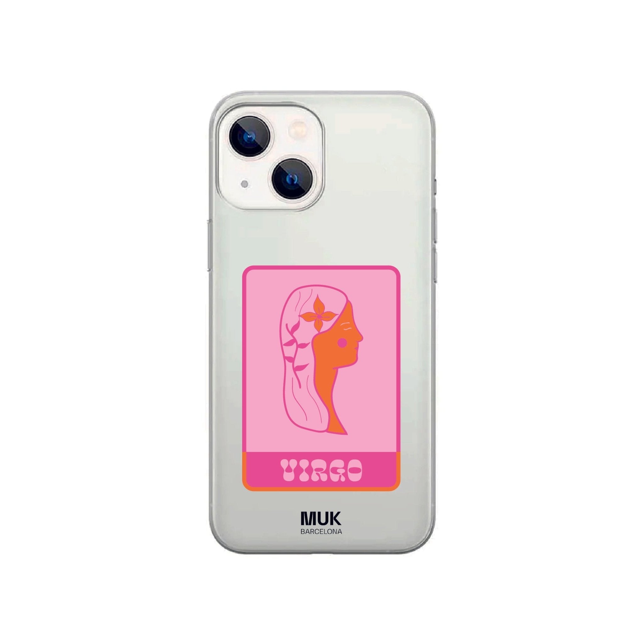 Clear phone case with Virgo zodiac sign in fuchsia, pale pink and orange.
