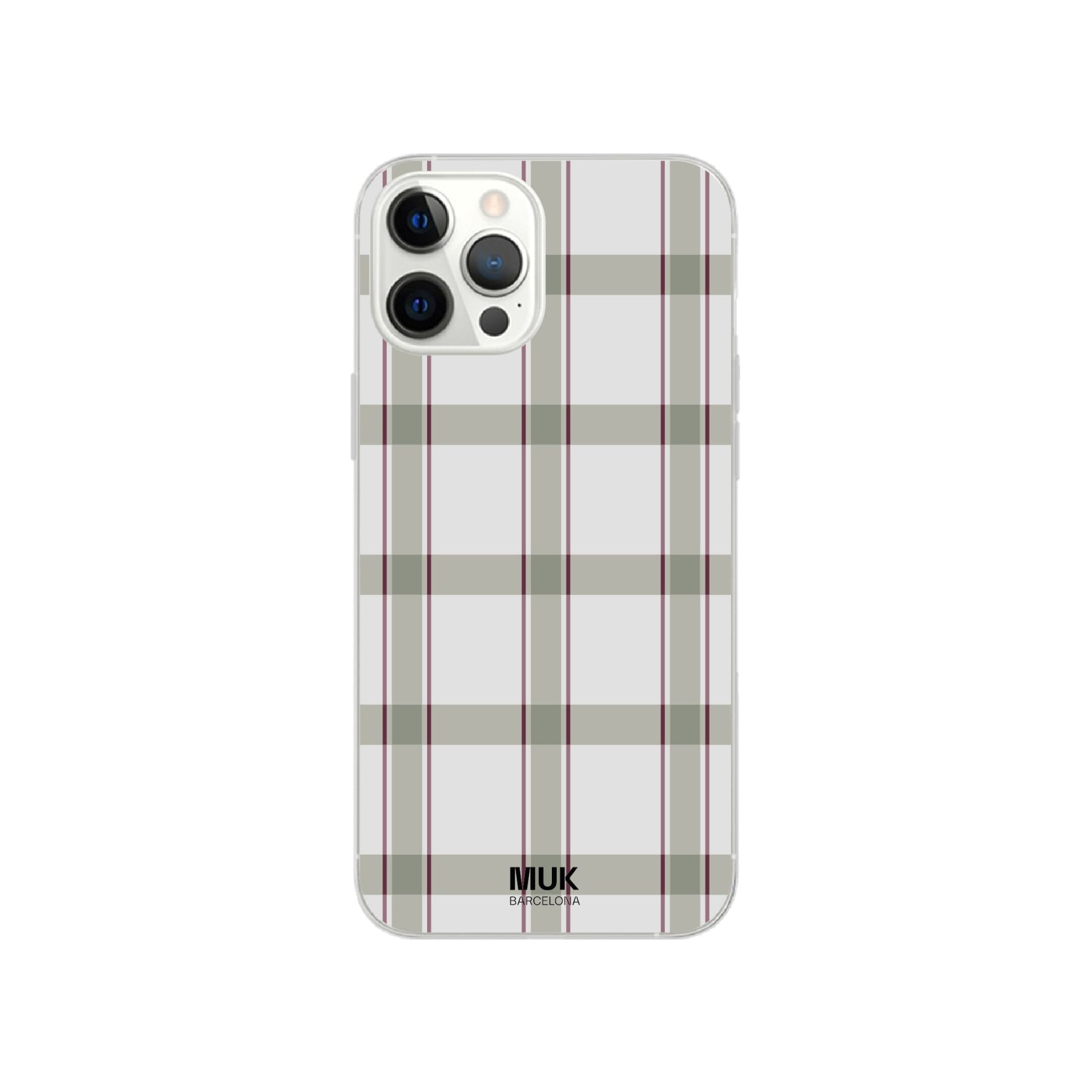 Clear phone case with stripes/squares pattern in beige, green and maroon.
