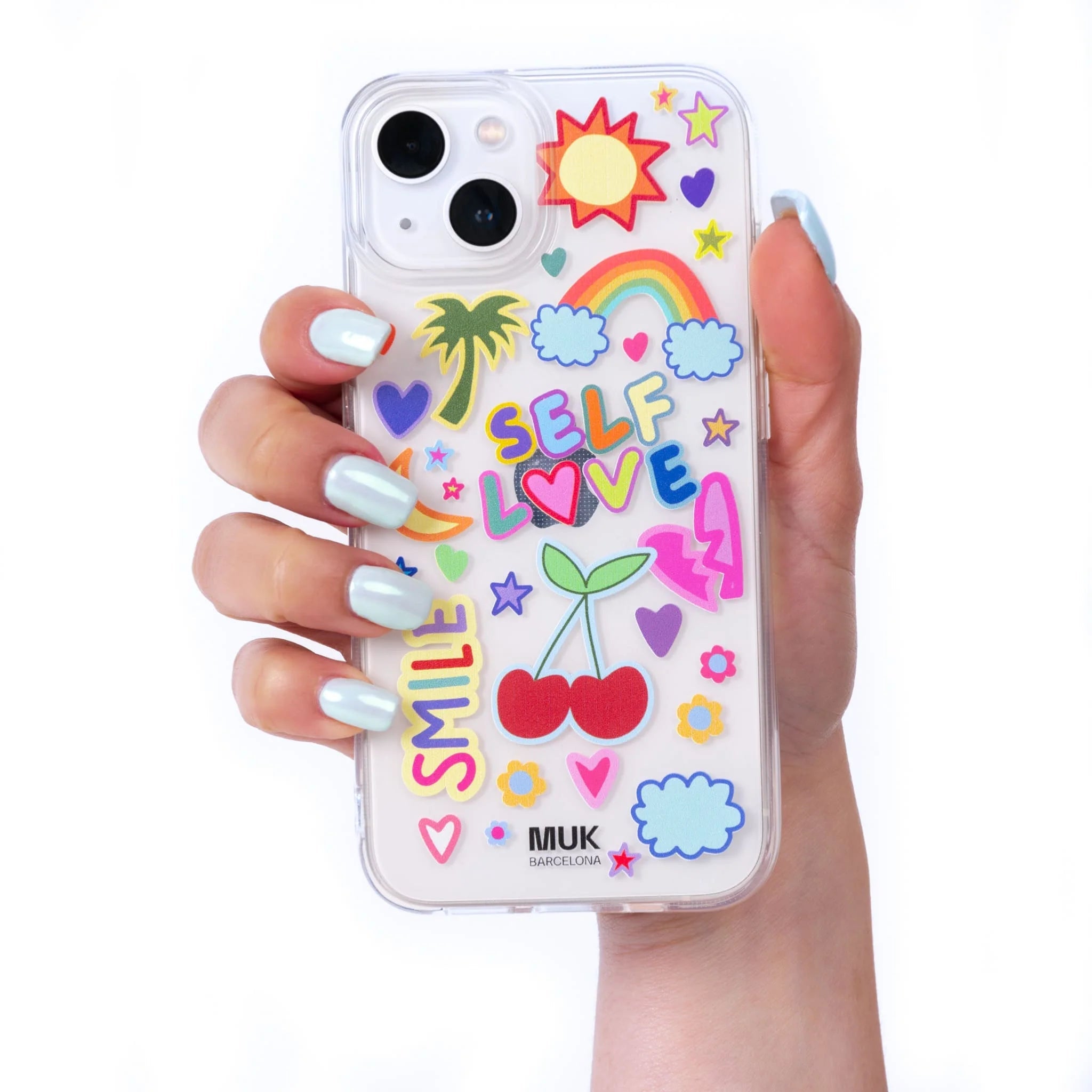 Funda de móvil transparente con stickers dibujados de colores.
